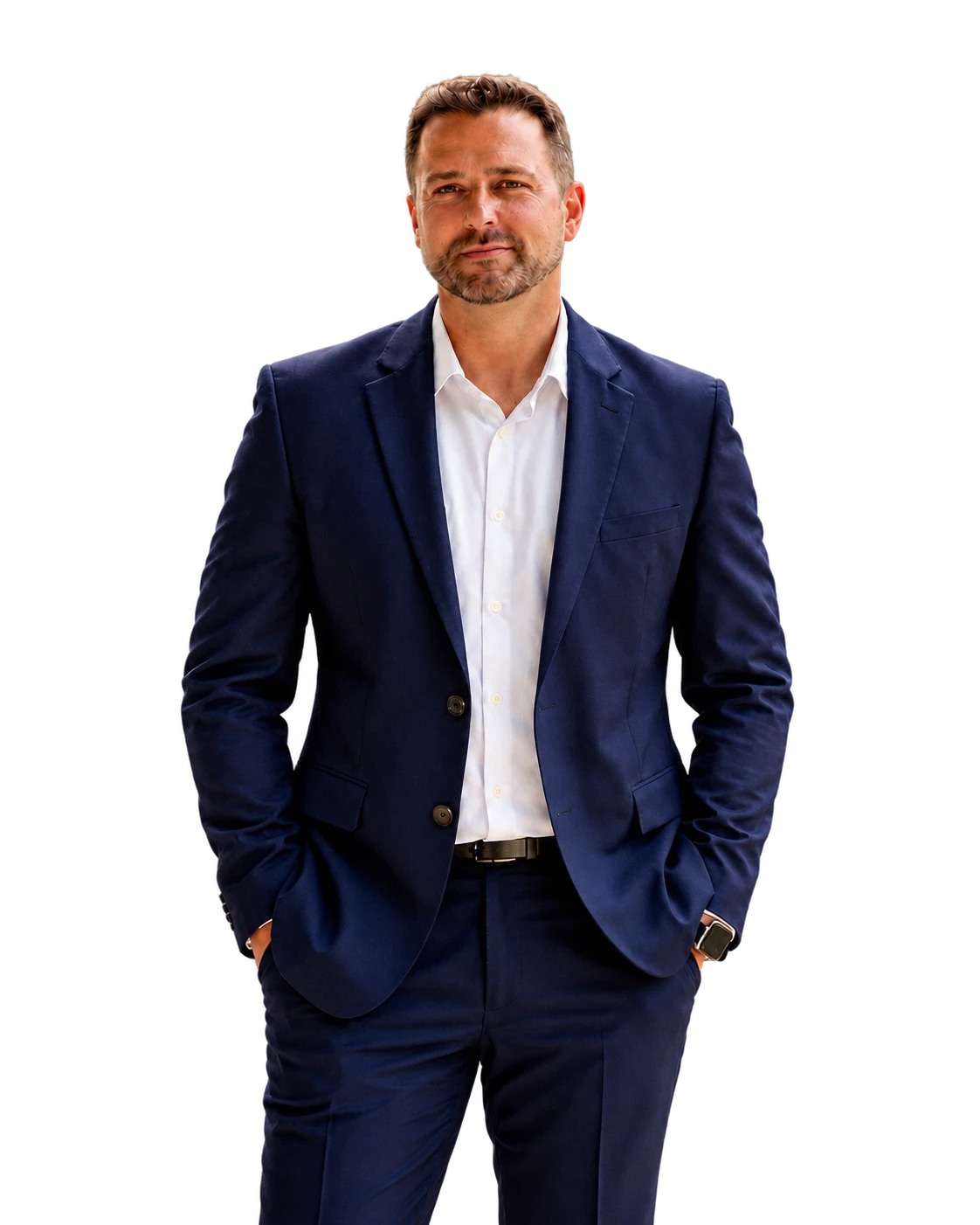 Chris Danton, standing, navy jacket and open-collar white shirt.