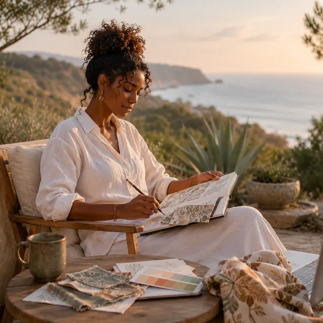 A woman drawing in a sketchbook while seated on a terrace above a curving coastline.