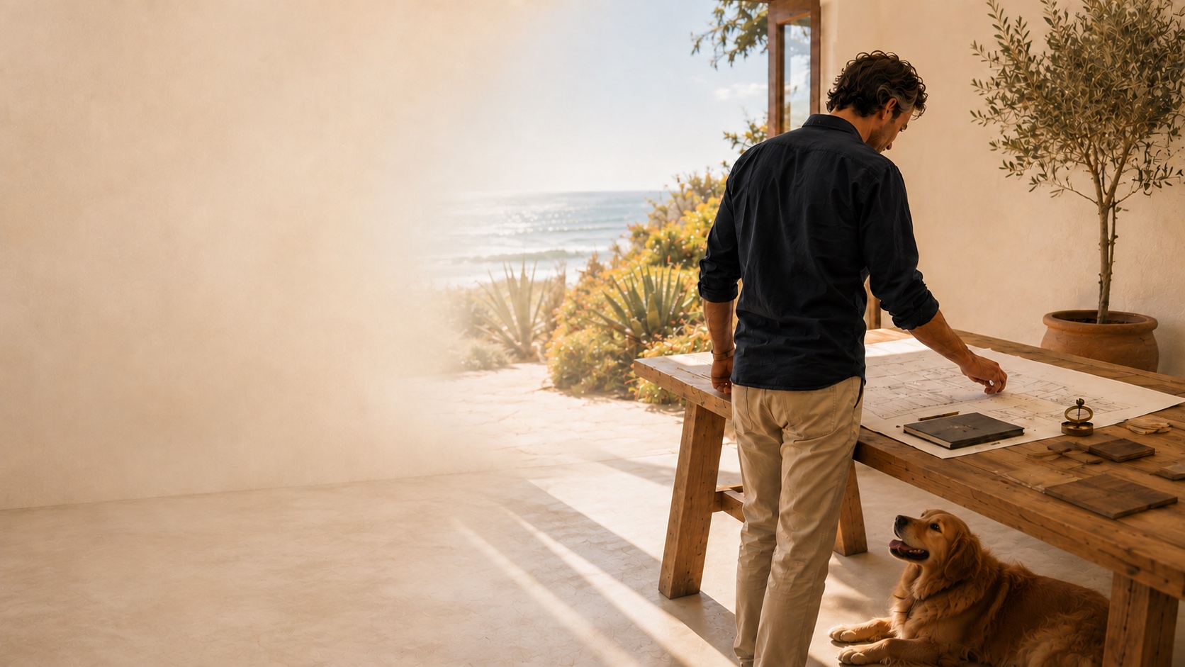 A sunlit room with a work table, opening onto a coastal view.