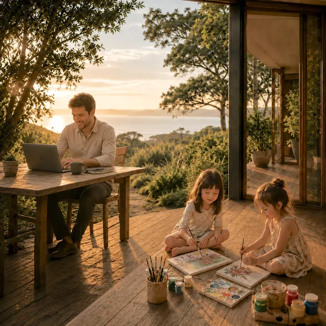 A man working at a laptop on a wooden deck at sunset while two young girls paint on the floor nearby.