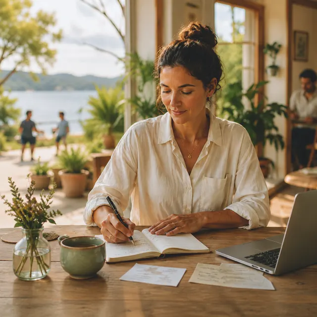 A woman writing in a journal at a sunlit table on a terrace overlooking a lake.