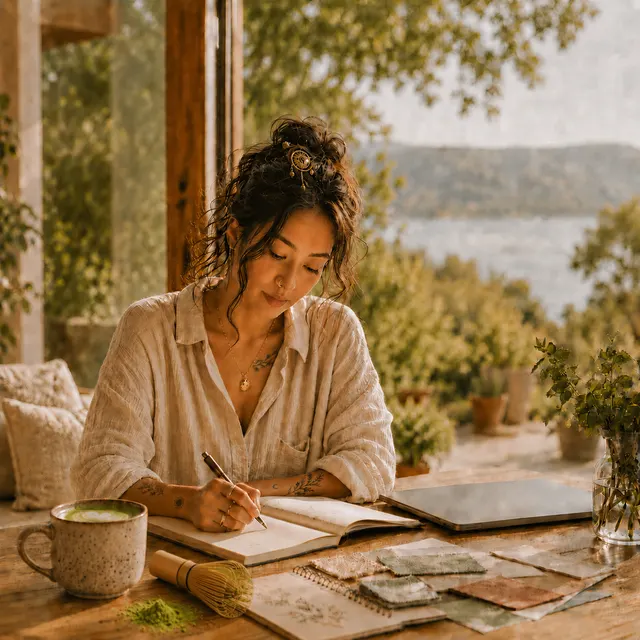 A woman writing in a notebook at a table with a bowl of matcha and greenery around her.