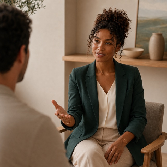 A woman sits across from someone in a quiet room, mid-sentence with an open hand, explaining her point.