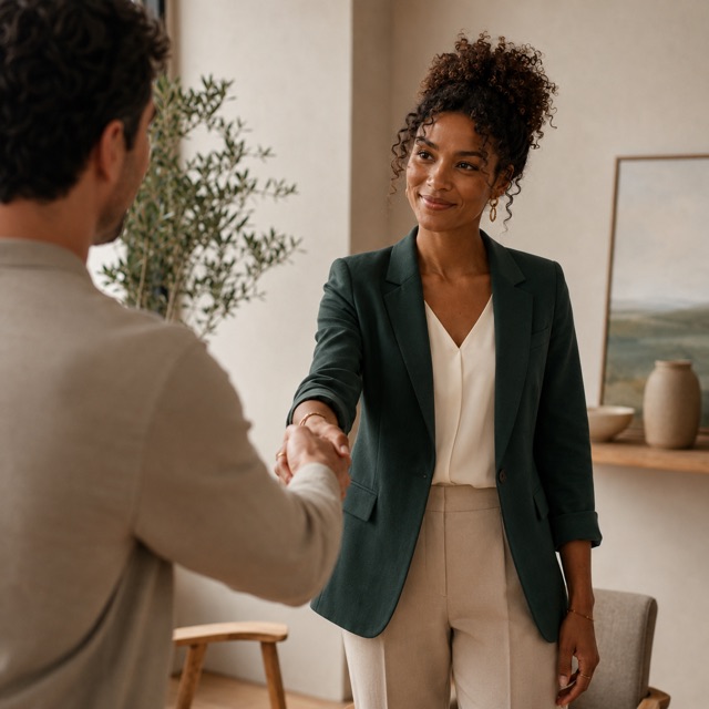 A woman shakes hands with someone as a conversation ends, calm and composed.