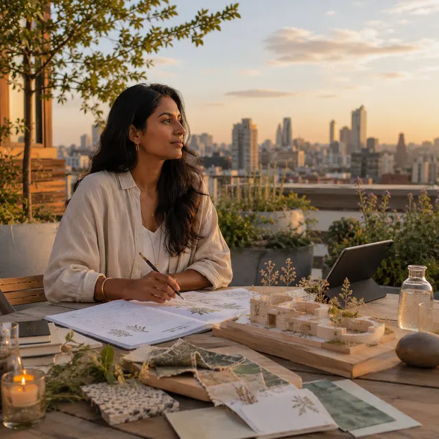 A woman writing at a rooftop table at sunset with a city skyline behind her.