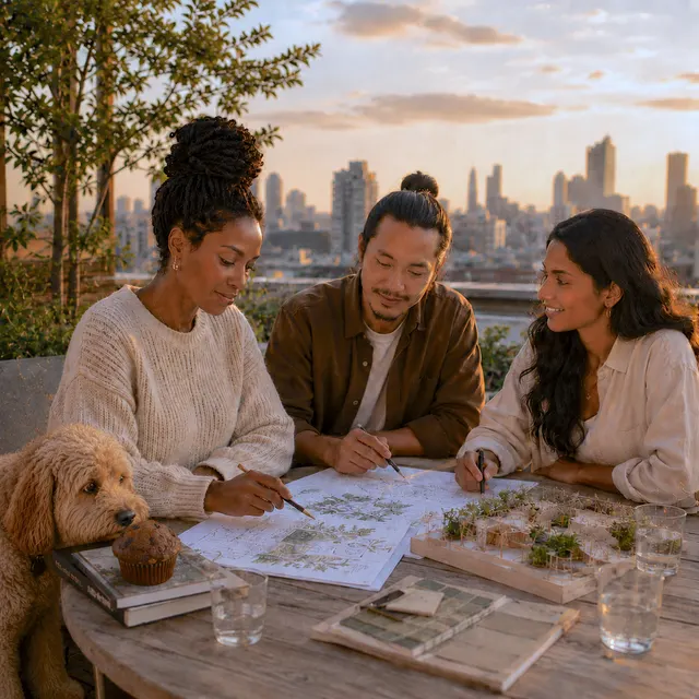 Three people leaning over a shared drawing at a rooftop table at golden hour, a dog resting beside them.