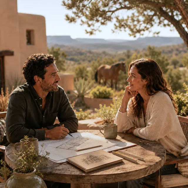 A man and a woman talking across an outdoor table covered with notebooks and sketches, a valley behind them.